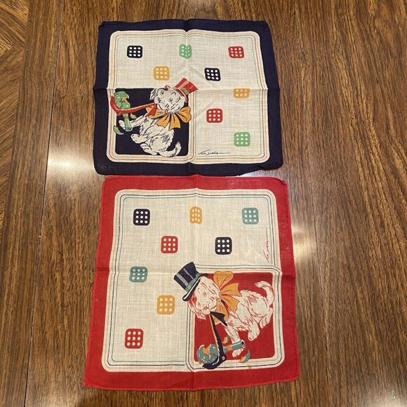 Unbranded Accessories - 2 Vintage Tom Lamb Kids Hankies Dog Dice Red Blue Favorites 8 1/2" Square